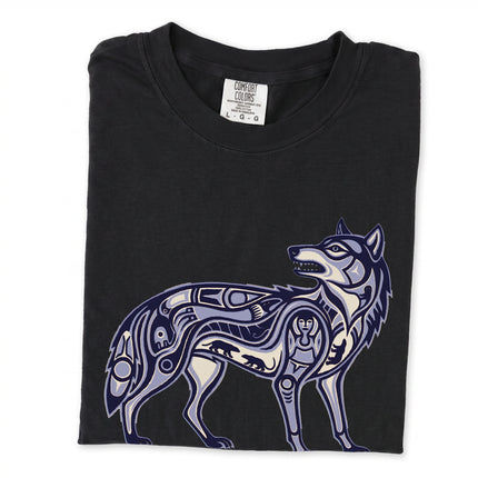 Inuit tribal wolf symbol graphic tee shirt design on unisex apparel.