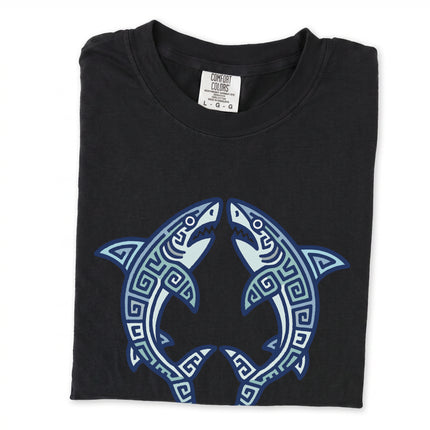Mayan tribal shark graphic tee featuring geometric ocean life symbols and stylized oceanic motifs.