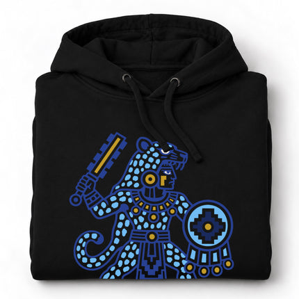 Aztec Jaguar Warrior Hoodie | Blue Spotted Figure and Shield