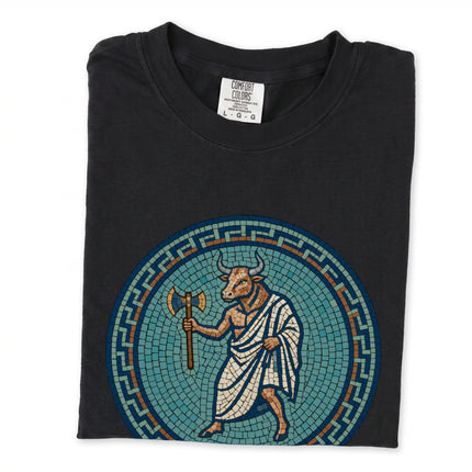 Greek Minotaur mosaic t-shirt graphic featuring Greek mythology, the labyrinth, and an axe design.