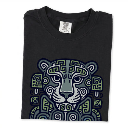 Mayan jaguar tribal art graphic tee shirt featuring ancient Mesoamerican style design.