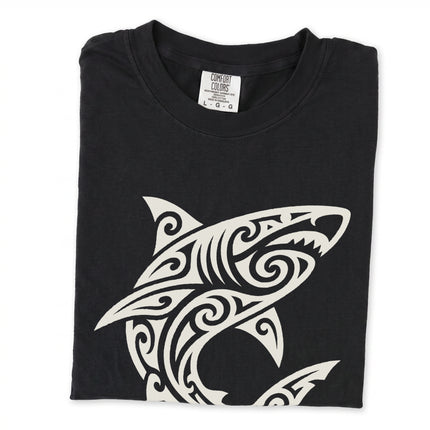 Polynesian tribal shark graphic tee shirt with tattoo style print.