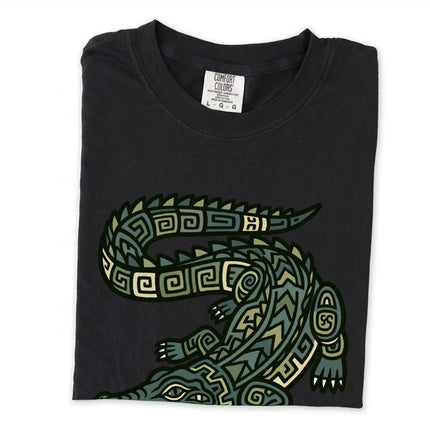 Geometric Mayan crocodile print long sleeve t-shirt featuring reptile tribal art.