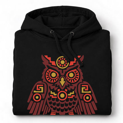 Aztec Owl Hoodie | Red and Gold Geometric Bird on a Perch