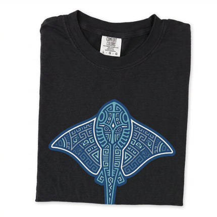 Tribal Mayan stingray design featuring geometric blue ocean patterns on a unisex tee shirt.