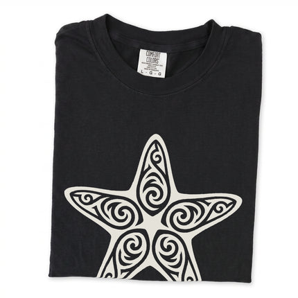 Ornate tribal starfish design printed on a black unisex t-shirt graphic tee.