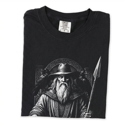 Odin Norse god graphic tee, seated with spear and ravens.