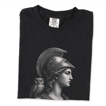 Pallas Athene goddess t-shirt art featuring Greek mythology owl symbol.