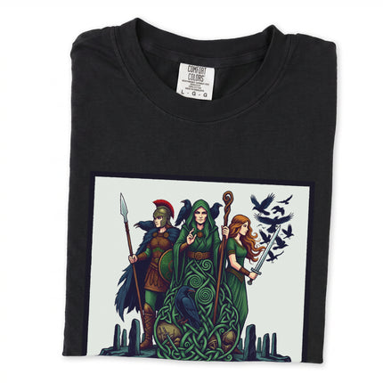 Morrigan Triple Goddess t-shirt featuring Celtic Irish mythology raven artwork design.