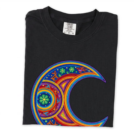 Huichol moon art long sleeve t-shirt featuring a colorful crescent design.