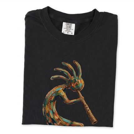 Kokopelli Native American t-shirt featuring vibrant southwestern tribal art graphics on a comfortable tee.