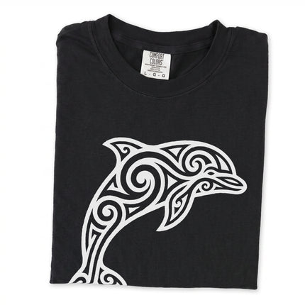 Tribal dolphin swirl graphic tee featuring oceanic patterns and ocean animal art.