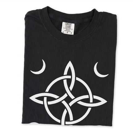 Crescent moon witch's knot symbol on a t-shirt, featuring wiccan protective magic design.