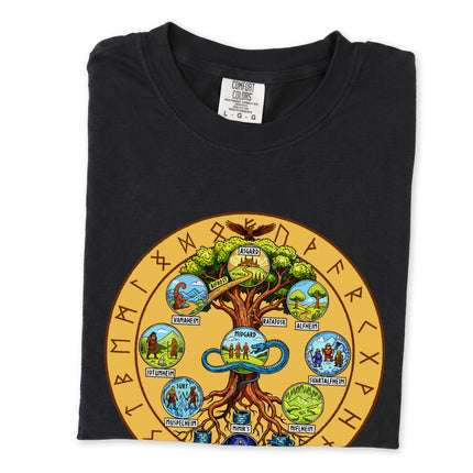 Norse Yggdrasil World Tree graphic tee featuring nine realms mythology and runes.