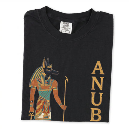 Anubis ancient Egyptian god t-shirt featuring detailed hieroglyphic graphic art design.