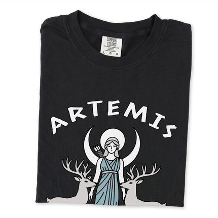 Artemis Goddess of the Wild t-shirt featuring a moon and stag graphic in Greek mythology style.