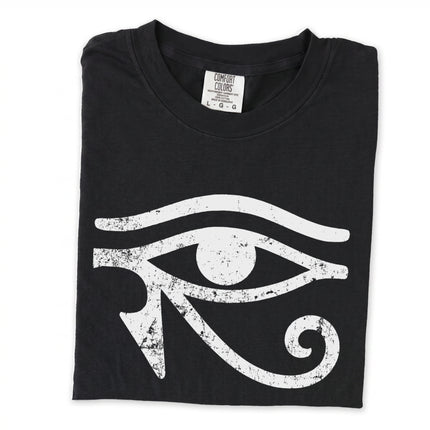 Ancient Egyptian Eye of Horus symbol graphic on a black long sleeve t-shirt.