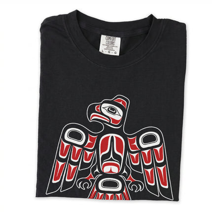 Formline raven design long sleeve t-shirt featuring red and white bird art.
