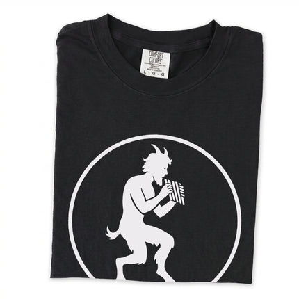 Io and Pan Greek mythology graphic tee featuring panpipes and ancient Greek gods.