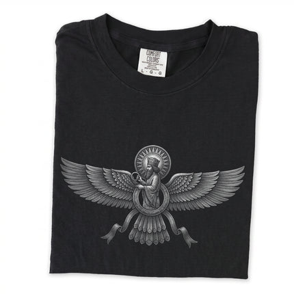 Black long sleeve t-shirt featuring an etched Faravahar symbol. Persian cultural graphic tee.