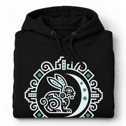 Maya Rabbit Moon Hoodie | White and Teal Crescent Medallion