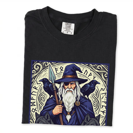 Viking god Odin graphic tee featuring ravens and wolves, inspired by Norse mythology.