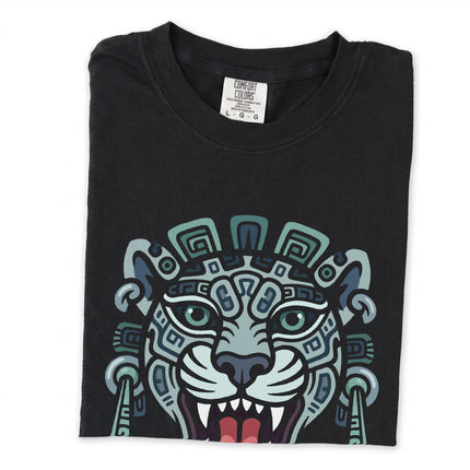 Ancient Mayan jaguar head tribal art t-shirt design featuring Mesoamerican style.