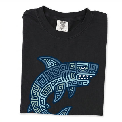 Mayan Tribal Shark T-Shirt with blue geometric oceanic design print.