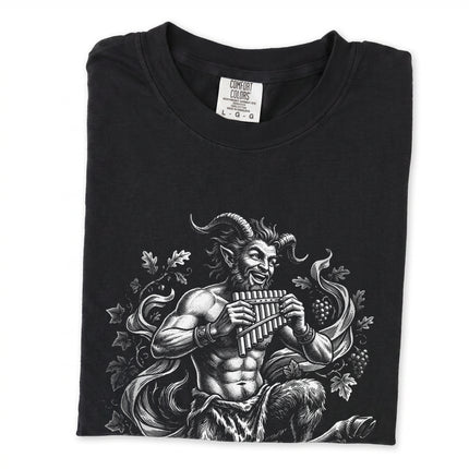 Greek mythology Pan satyr graphic tee featuring artistic depiction of a flute-playing god.