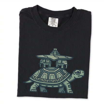 World Turtle and Mayan Temple graphic design on a mythology t-shirt.
