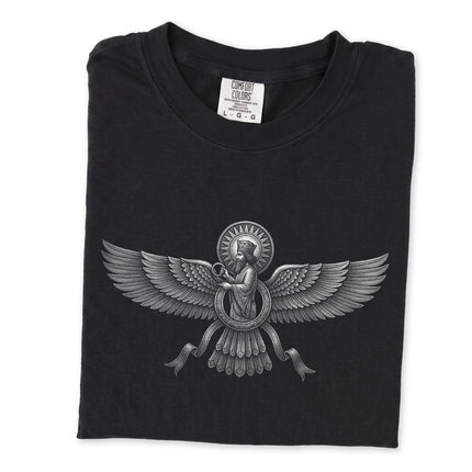 Faravahar symbol t-shirt featuring ancient Zoroastrian and Persian mythology design.