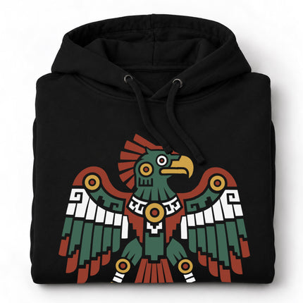 Aztec Eagle Hoodie | Spread-Wing Bird in Green, Red, and Gold