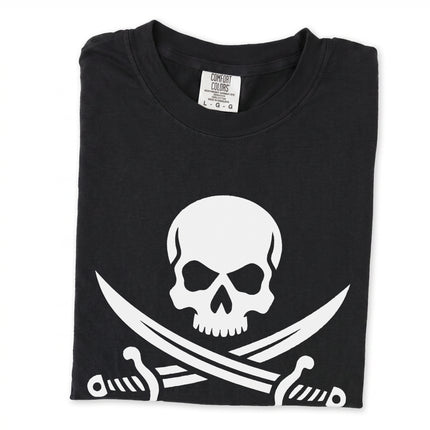 Jolly Roger skull and crossbones graphic tee featuring a pirate symbol and cutlass design.