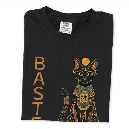 Ancient Egyptian art graphic of Bastet cat goddess printed on a comfort colors tee shirt.