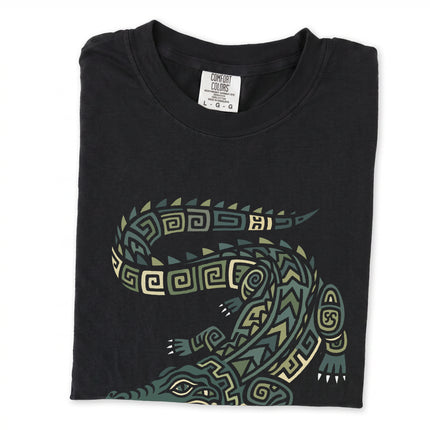 Mayan tribal crocodile graphic t-shirt design featuring indigenous animal art.