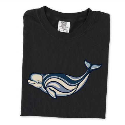 Inuit inspired beluga whale graphic t-shirt featuring indigenous marine art design.