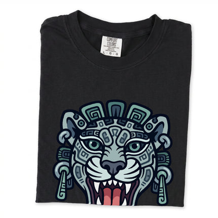 Ancient Mayan Jaguar Head tribal art print on a comfortable t-shirt design.