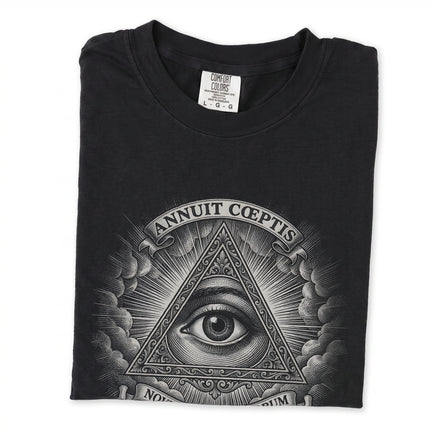 Black t-shirt featuring the Eye of Providence and Annuit Coeptis seal graphic print.
