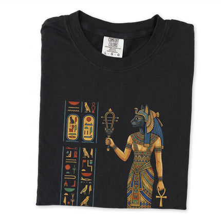 Bastet Egyptian goddess art graphic t-shirt featuring ancient history design.
