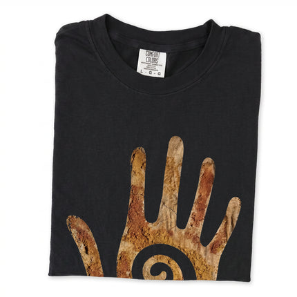 Spiral hand graphic tee featuring ancient indigenous Native American symbolism.
