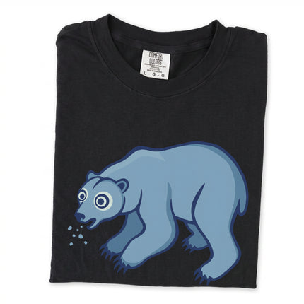 Goofy blue polar bear spitting snow graphic t-shirt for arctic animal lovers.