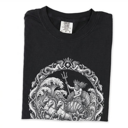 Poseidon, the Greek Sea God, depicted with a chariot and trident mythological graphic design.