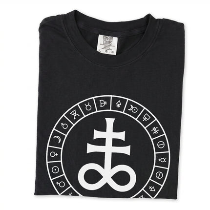 Occult Leviathan cross graphic tee featuring alchemical brimstone symbols design.