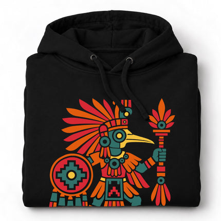 Aztec Hummingbird Warrior Hoodie | Red and Orange Bird Figure