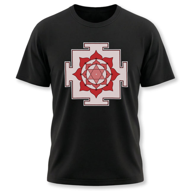 Bhuvaneshwari Yantra sacred geometry print on a black spiritual tee.