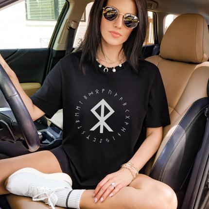 Norse Courage Bind Rune Viking T-Shirt | Runic Circle Elder Futhark Unisex Tee