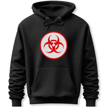 Black unisex hoodie featuring a bold red biohazard symbol graphic.