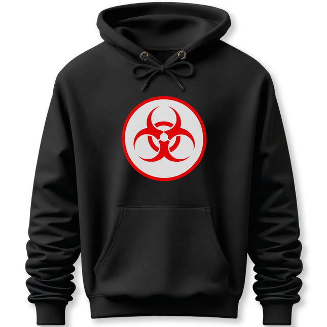 Black unisex hoodie featuring a bold red biohazard symbol graphic.