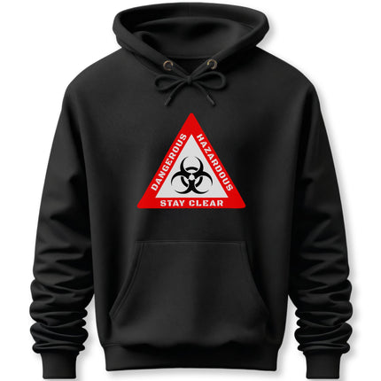 Red biohazard warning triangle graphic on a black streetwear hoodie.