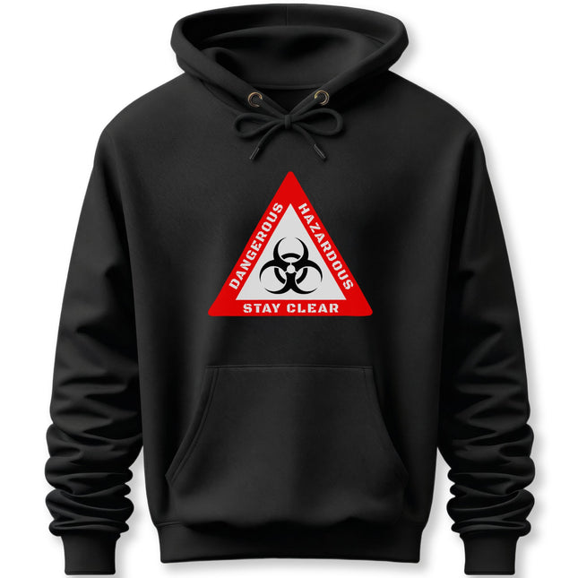 Red biohazard warning triangle graphic on a black streetwear hoodie.